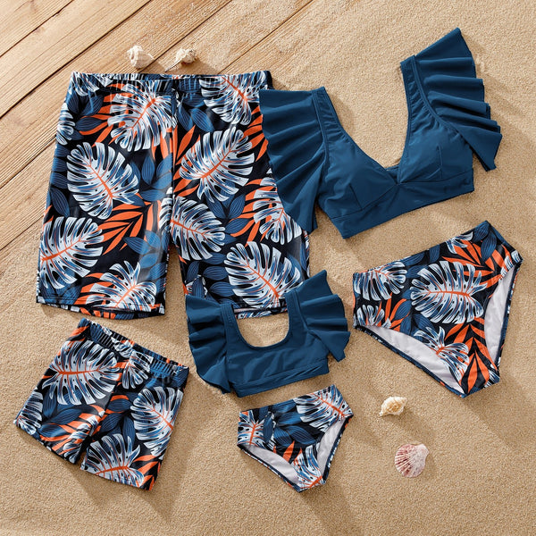 Family Matching Plant Print Ruffled Two-piece Swimsuit or Swim Trunks Shorts - 20656818