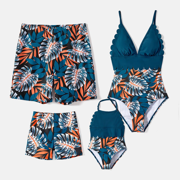 Family Matching Plant Print Scallop Edge Spliced One-piece Swimsuit and Swim Trunks - 20580183