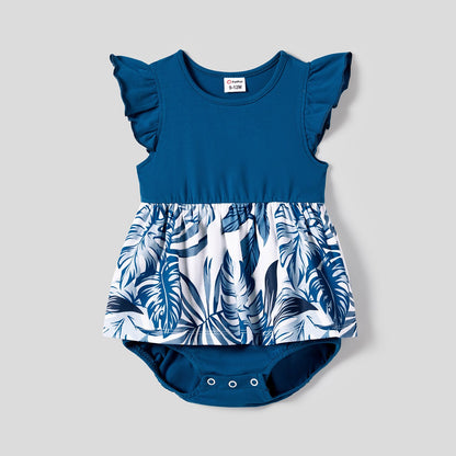 Family Matching Plant Print Splice Belted Tank Dresses and Color Block Short-sleeve T-shirts Sets - 20638583