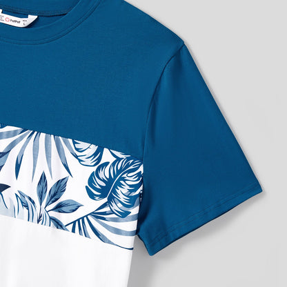 Family Matching Plant Print Splice Belted Tank Dresses and Color Block Short-sleeve T-shirts Sets - 20638583