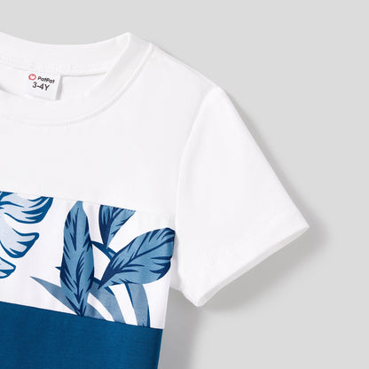 Family Matching Plant Print Splice Belted Tank Dresses and Color Block Short-sleeve T-shirts Sets - 20638583