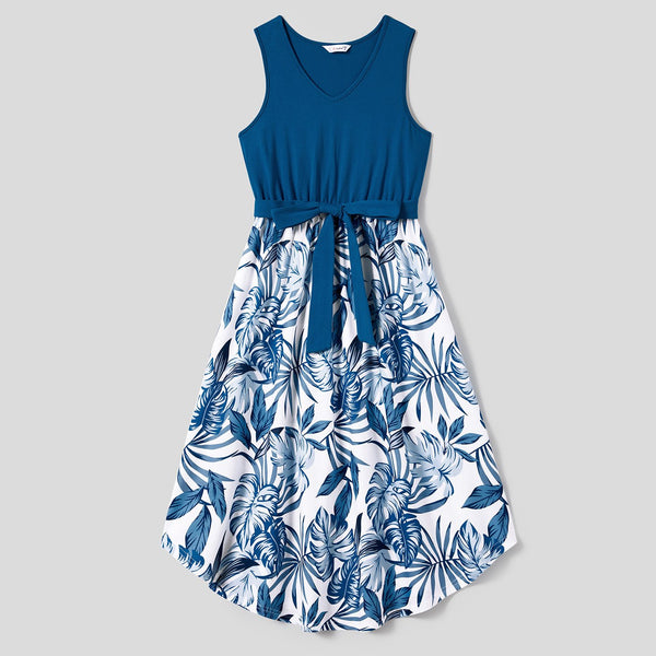Family Matching Plant Print Splice Belted Tank Dresses and Color Block Short-sleeve T-shirts Sets - 20638583