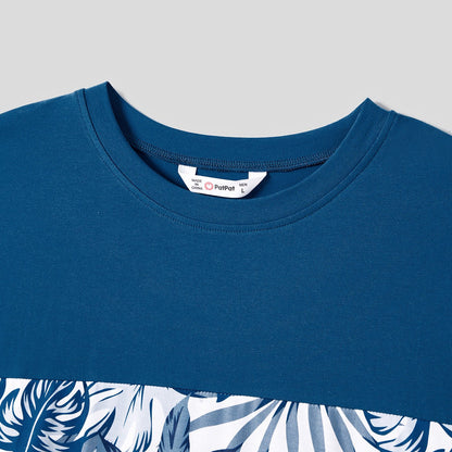 Family Matching Plant Print Splice Belted Tank Dresses and Color Block Short-sleeve T-shirts Sets - 20638583