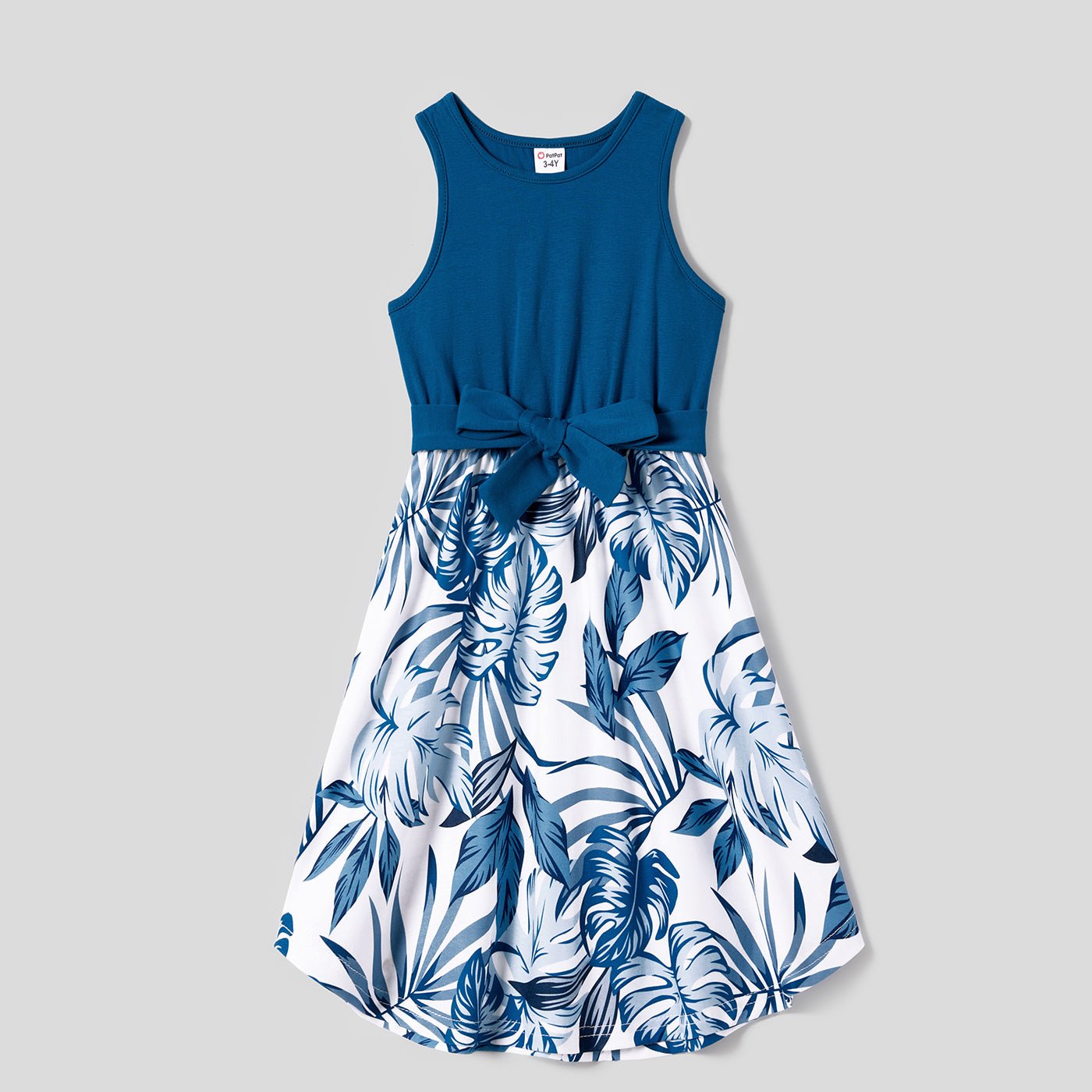 Family Matching Plant Print Splice Belted Tank Dresses and Color Block Short-sleeve T-shirts Sets - 20638583