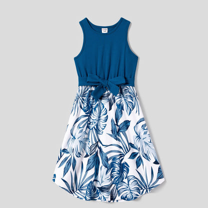 Family Matching Plant Print Splice Belted Tank Dresses and Color Block Short-sleeve T-shirts Sets - 20638583