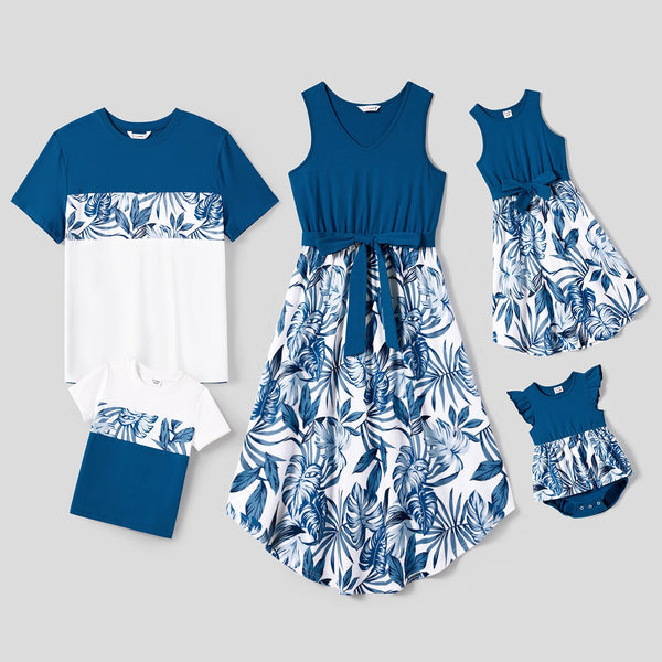 Family Matching Plant Print Splice Belted Tank Dresses and Color Block Short-sleeve T-shirts Sets - 20638583