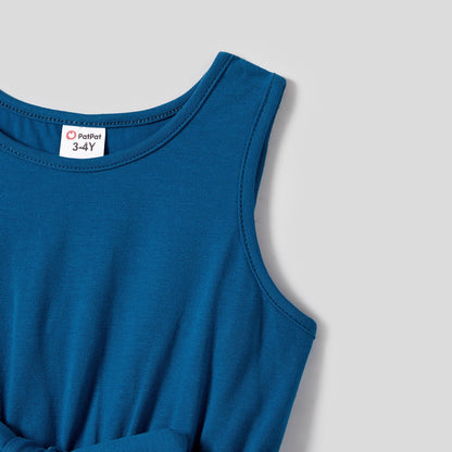 Family Matching Plant Print Splice Belted Tank Dresses and Color Block Short-sleeve T-shirts Sets - 20638583