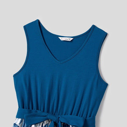 Family Matching Plant Print Splice Belted Tank Dresses and Color Block Short-sleeve T-shirts Sets - 20638583