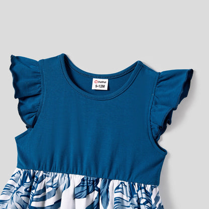 Family Matching Plant Print Splice Belted Tank Dresses and Color Block Short-sleeve T-shirts Sets - 20638583
