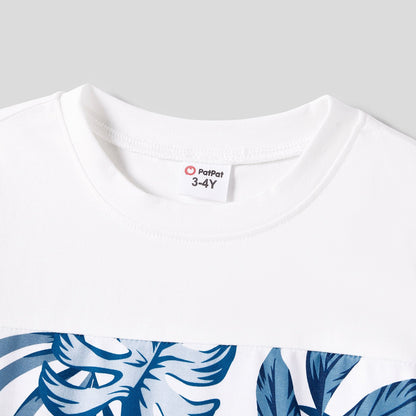 Family Matching Plant Print Splice Belted Tank Dresses and Color Block Short-sleeve T-shirts Sets - 20638583