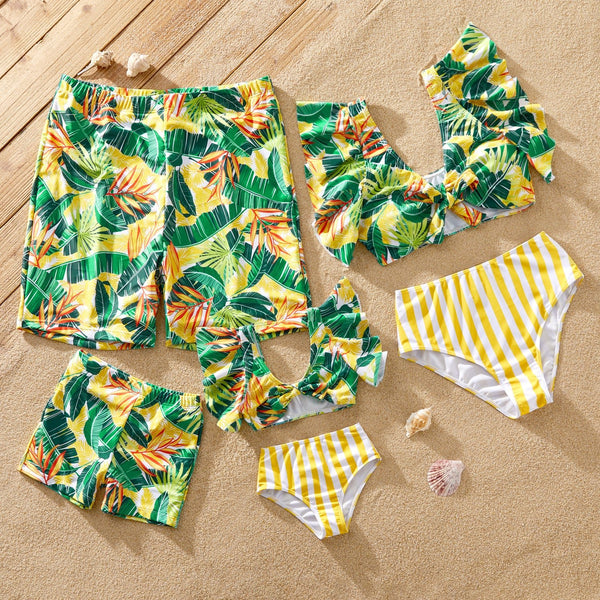 Family Matching Plant Stripe Print Knot Front Two-piece Swimsuit or Swim Trunks Shorts - 20641149