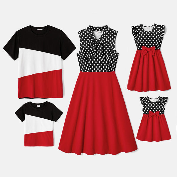 Family Matching Polka Dot Print Tie Neck Sleeveless Red Spliced Dresses and Short-sleeve Colorblock T-shirts Sets - 20551074