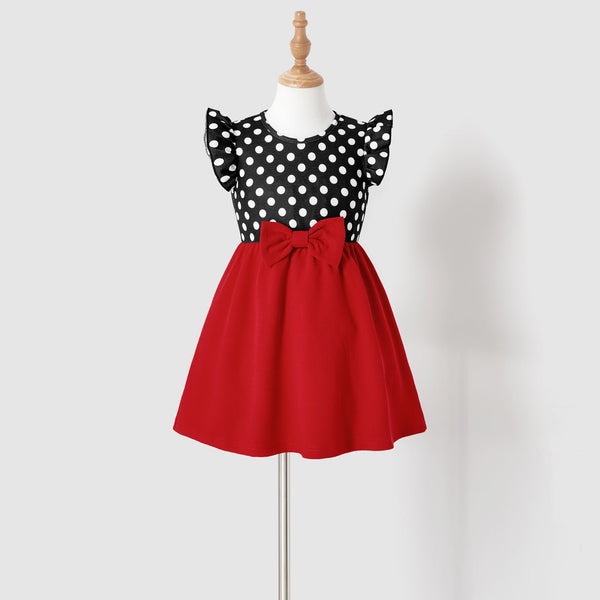 Family Matching Polka Dot Print Tie Neck Sleeveless Red Spliced Dresses and Short-sleeve Colorblock T-shirts Sets - 20551074