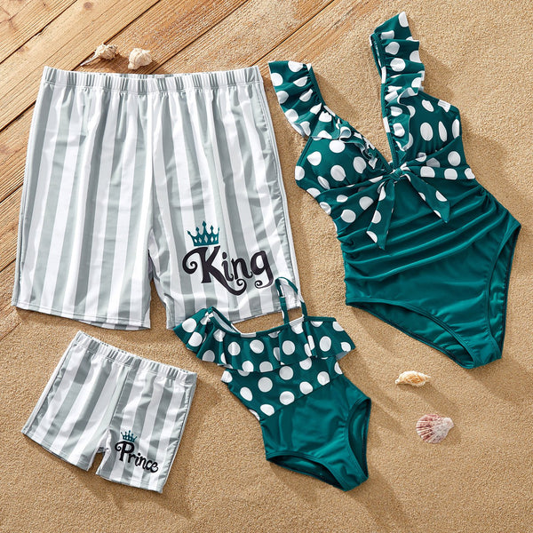 Family Matching Polka Dots Knot Front Ruffled One-piece Swimsuit or Stripe Swim Trunks Shorts - 20652060