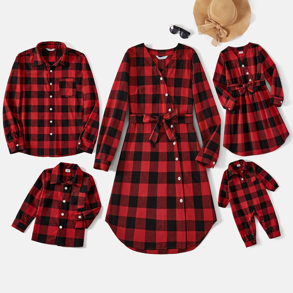 Family Matching Red and Black Plaid Long-sleeve Shirts and Belted Dresses Sets - 20686233