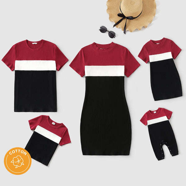 Family Matching Rib Knit Colorblock Short-sleeve Bodycon Dresses and T-shirts Sets - 20467545