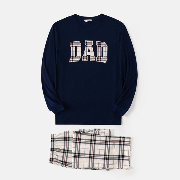 Family Matching School Grid Letter Print Patch Long Sleeve Pajamas - 20673232