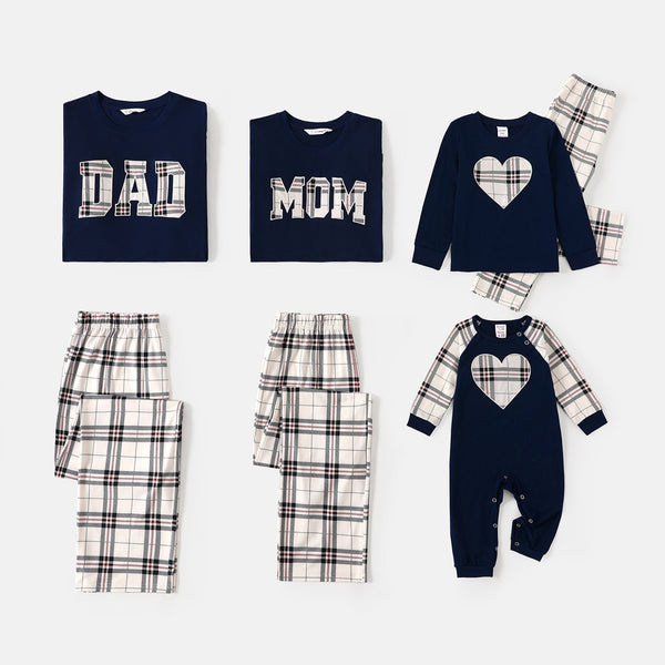 Family Matching School Grid Letter Print Patch Long Sleeve Pajamas - 20673232