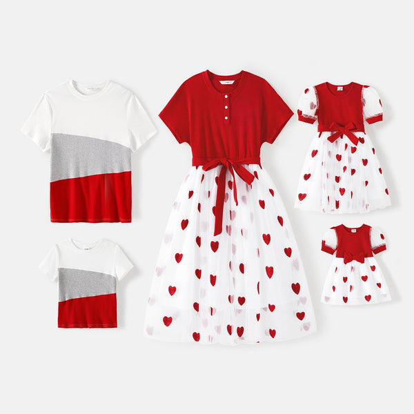 Family Matching Short-sleeve Cotton Ribbed Colorblock T-shirts and Allover Heart Embroidered Mesh Spliced Dresses Sets - 20578669