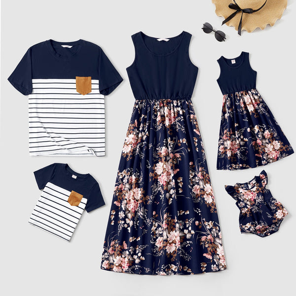 Family Matching Sleeveless Floral Print Spliced Midi Dresses and Short-sleeve Striped T-shirts Sets - 20549071