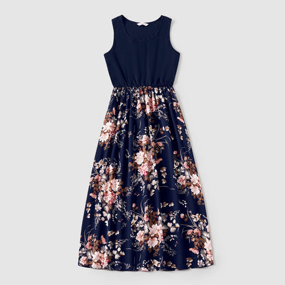 Family Matching Sleeveless Floral Print Spliced Midi Dresses and Short-sleeve Striped T-shirts Sets - 20549071