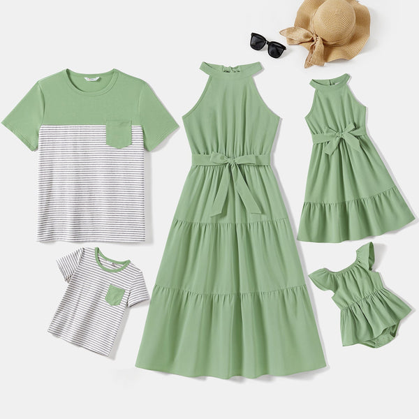 Family Matching Solid Belted Halterneck Dresses and Stripe Panel Short-sleeve T-shirts Sets - 20648303