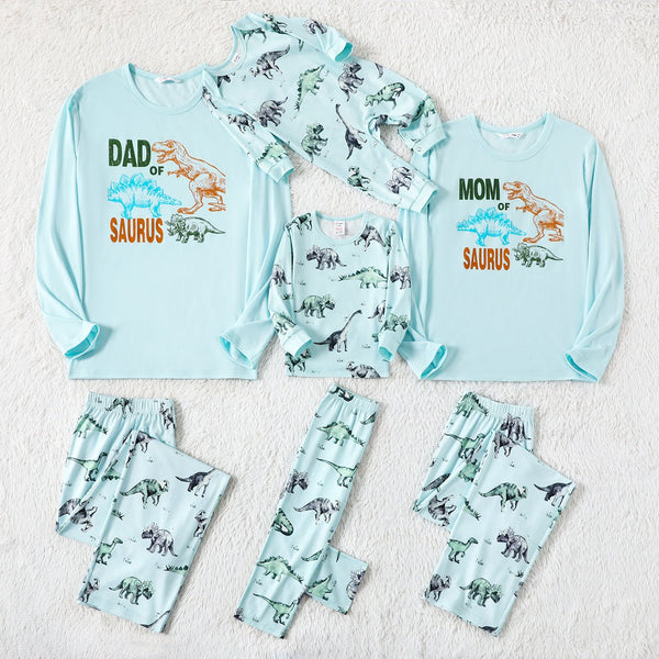 Family Matching Solid Color Dinosaur Print Long Sleeve Pajamas - 20673920