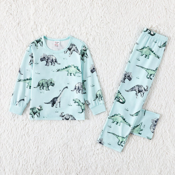 Family Matching Solid Color Dinosaur Print Long Sleeve Pajamas - 20673920