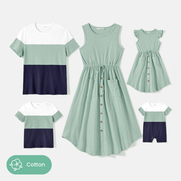 Family Matching Solid Cotton Button Front Drawstring Tank Dresses and Short-sleeve Colorblock T-shirts Sets - 20572779