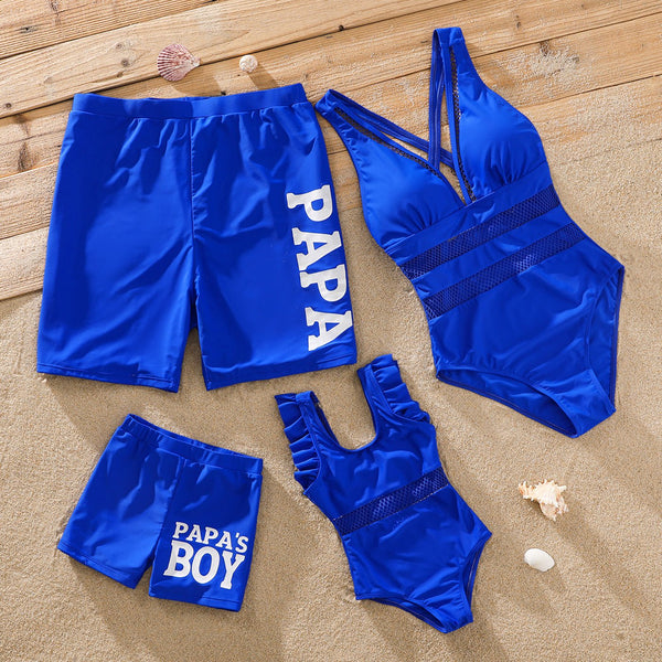 Family Matching Solid Fishnet Spliced One-Piece Swimsuit and Letter Print Swim Trunks Shorts - 20430585