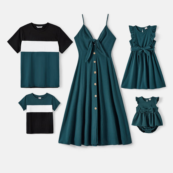 Family Matching Solid Knot Front Cami Dresses and Colorblock Short-sleeve Tee Sets - 20595448