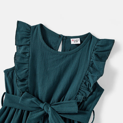 Family Matching Solid Knot Front Cami Dresses and Colorblock Short-sleeve Tee Sets - 20595448