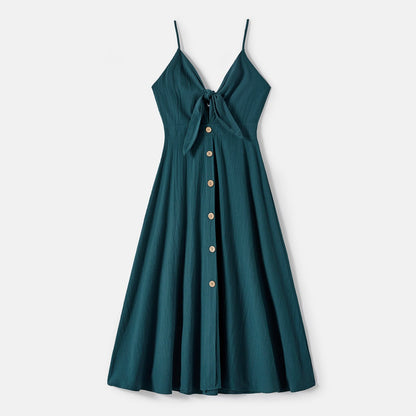 Family Matching Solid Knot Front Cami Dresses and Colorblock Short-sleeve Tee Sets - 20595448