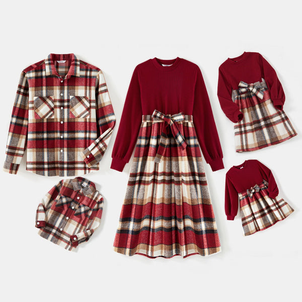 Family Matching Solid Ribbed Spliced Plaid Belted Dresses and Long-sleeve Button Up Shirts Sets - 20485461