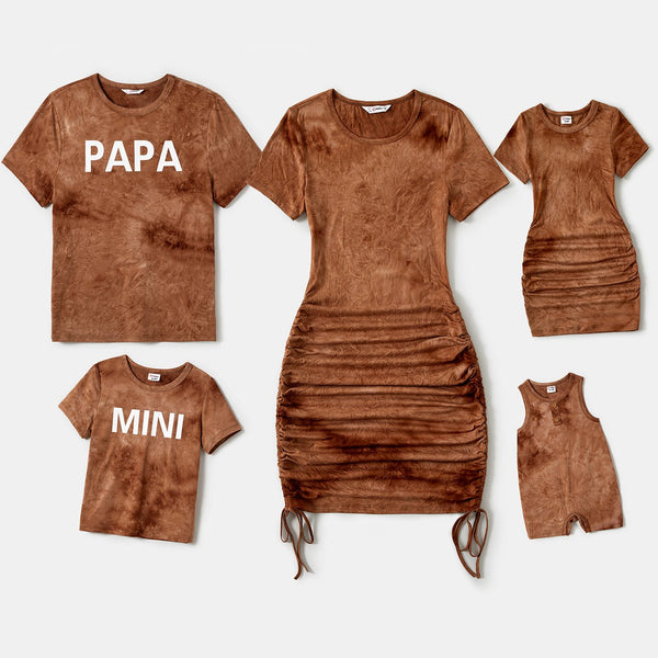 Family Matching Solid Ruched Bodycon Dresses and Short Sleeve Letter Print Tops Sets - 20675230