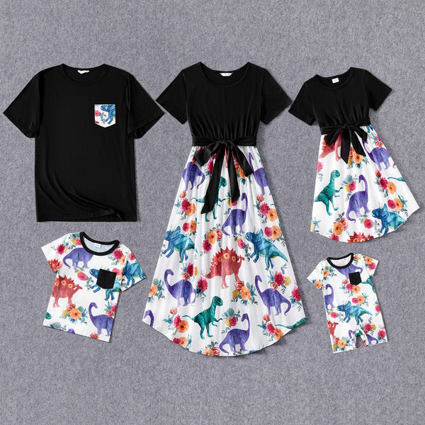 Family Matching Solid Short-sleeve Spliced Allover Dinosaur Print Belted Dresses and T-shirts Sets - 20471021