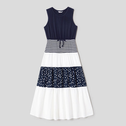 Family Matching Solid Spaghetti Strap Dresses and Striped Colorblock Short-sleeve T-shirts Sets - 20624389