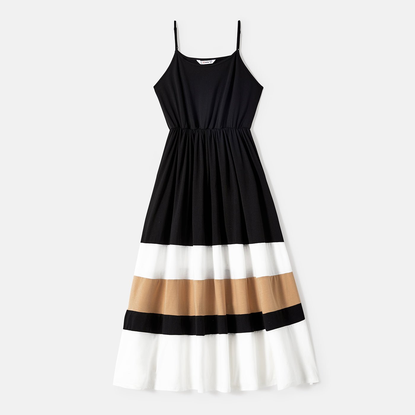 Family Matching Solid Spaghetti Strap Dresses and Striped Colorblock Short-sleeve T-shirts Sets - 20624389