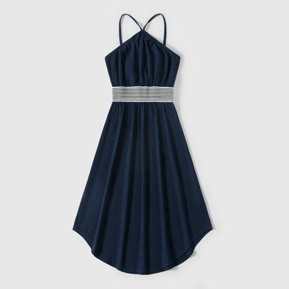 Family Matching Solid Spaghetti Strap Dresses and Striped Colorblock Short-sleeve T-shirts Sets - 20624389