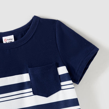 Family Matching Solid Spaghetti Strap Dresses and Striped Colorblock Short-sleeve T-shirts Sets - 20624389