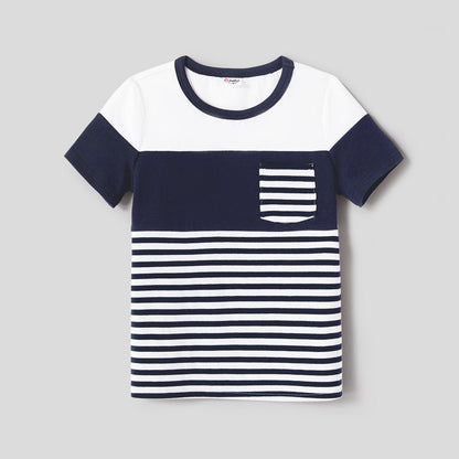 Family Matching Solid Spaghetti Strap Dresses and Striped Colorblock Short-sleeve T-shirts Sets - 20624389
