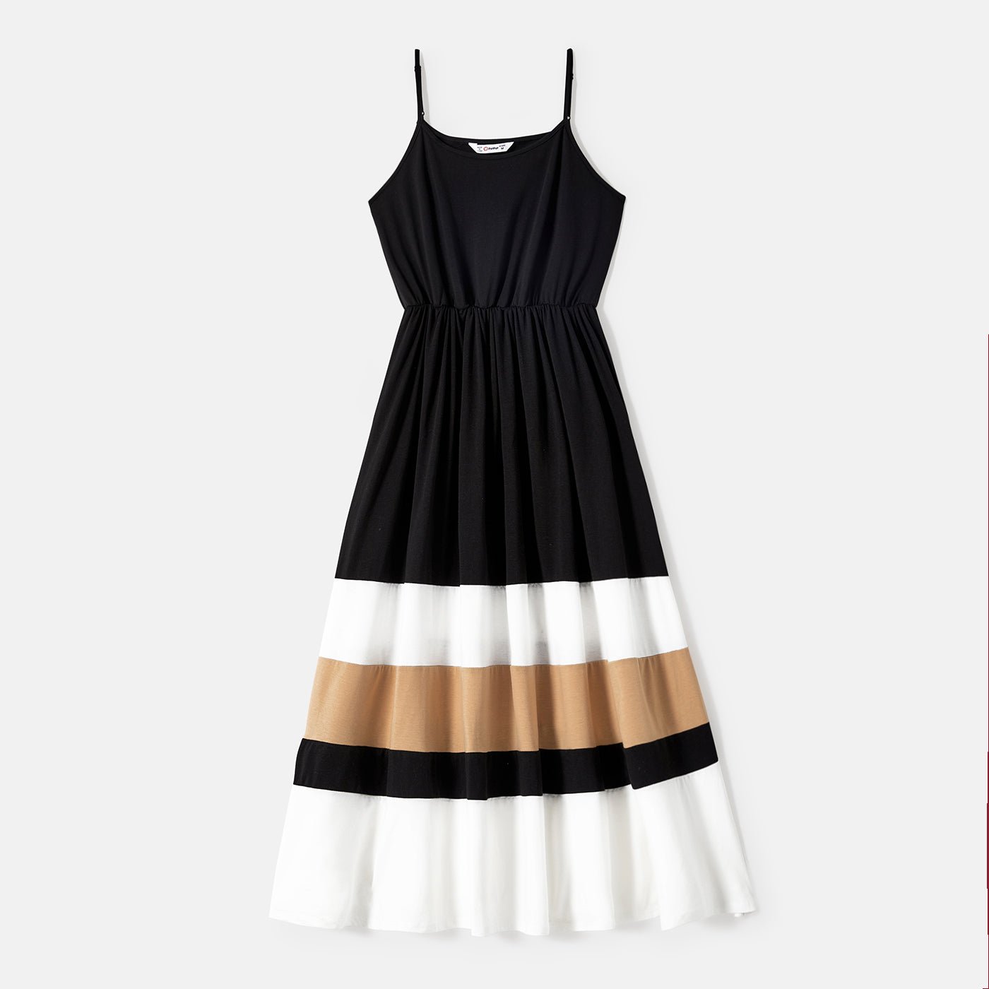 Family Matching Solid Spaghetti Strap Dresses and Striped Colorblock Short-sleeve T-shirts Sets - 20624389