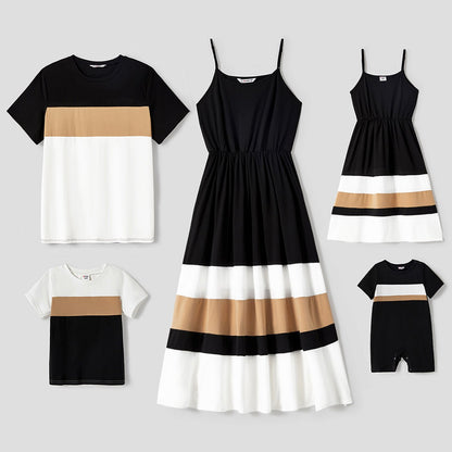 Family Matching Solid Spaghetti Strap Dresses and Striped Colorblock Short-sleeve T-shirts Sets - 20573086