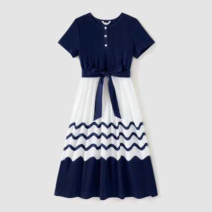 Family Matching Solid Spaghetti Strap Dresses and Striped Colorblock Short-sleeve T-shirts Sets - 20624389