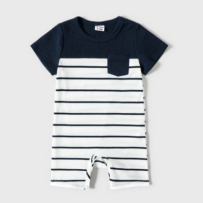 Family Matching Solid Spaghetti Strap Dresses and Striped Colorblock Short-sleeve T-shirts Sets - 20624389