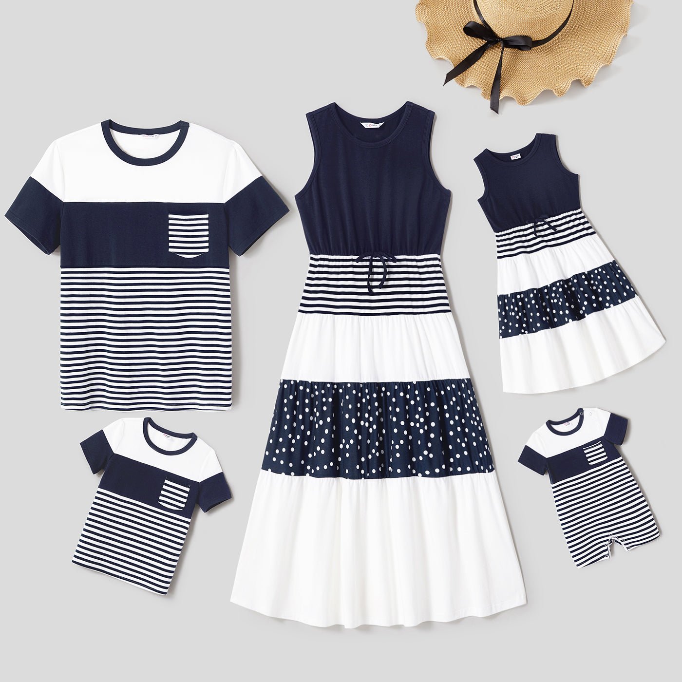 Family Matching Solid Spaghetti Strap Dresses and Striped Colorblock Short-sleeve T-shirts Sets - 20624389