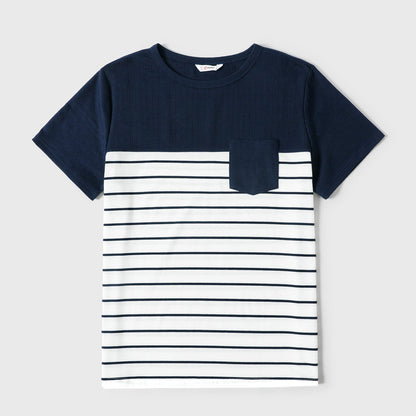 Family Matching Solid Spaghetti Strap Dresses and Striped Colorblock Short-sleeve T-shirts Sets - 20624389