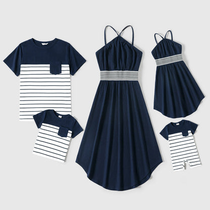 Family Matching Solid Spaghetti Strap Dresses and Striped Colorblock Short-sleeve T-shirts Sets - 20393674