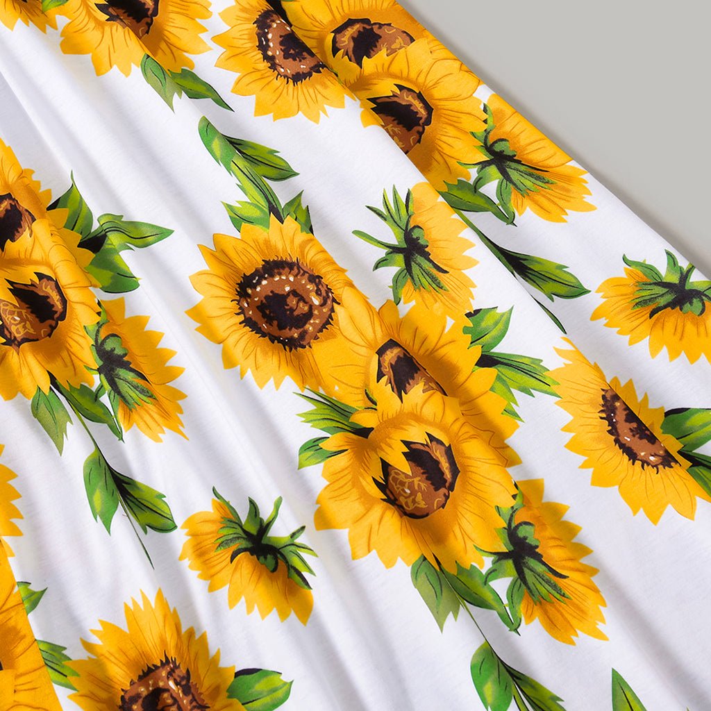Family Matching Solid Spaghetti Strap Splicing Sunflower Floral Print Dresses and Short-sleeve T-shirts Sets - 20350328