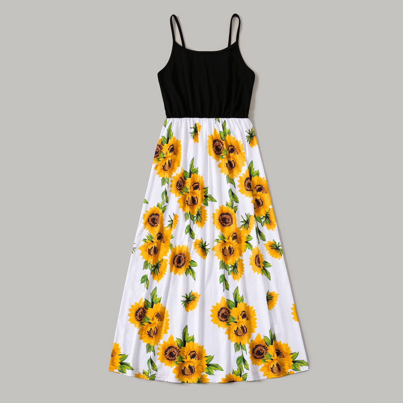 Family Matching Solid Spaghetti Strap Splicing Sunflower Floral Print Dresses and Short-sleeve T-shirts Sets - 20350328